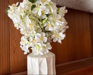White Ceramic Faceted Vase with White Cherry Blossom Arrangement