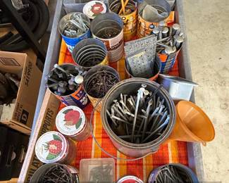 Assorted Nails and Fasteners in Vintage Tins and Jars