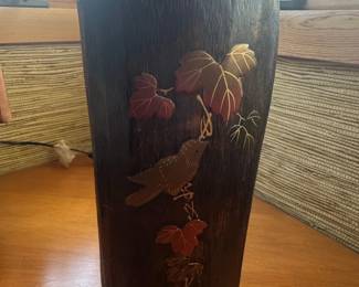 Vintage Japanese Wooden Vase with Bird and Leaf Inlay