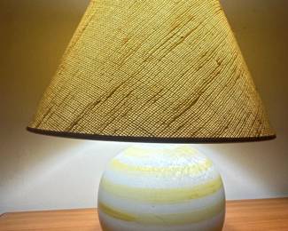 MidCentury Ceramic Table Lamp with Striped Base and Linen Shade by Gordon and Jane Martz