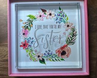 Glass Plaque with Floral Wreath and Sister Sentiment