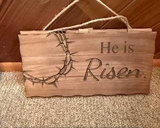 He is Risen Wood Sign with Crown of Thorns
