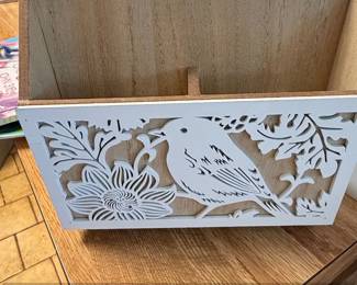 Wooden Desk Organizer with White Bird and Floral Cutout