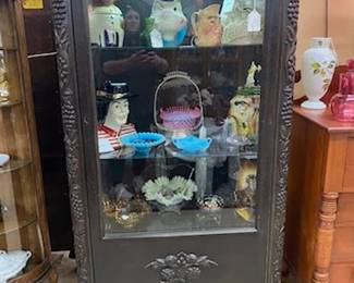 Early Oak Curio w/Carved Grapes 