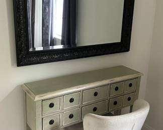 Distressed Grey Console Table with Mirror and Upholstered Chair