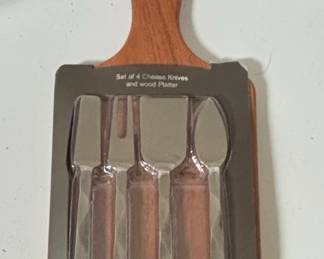 Set of Cheese Knives and Wood Platter