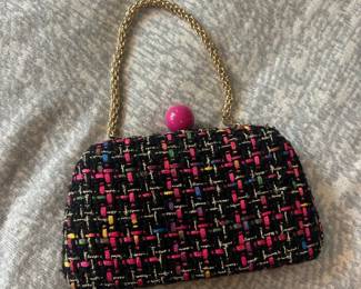 Chanel Pink, Yellow, and Blue Tweed Clutch with Pink Ball Accent and Gold Chain
