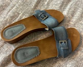 ZARA Womens Denim Slide Sandals with Wooden Sole