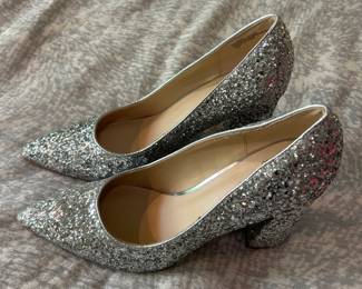Womens Silver Glitter Pointed Toe Block Heel Pumps