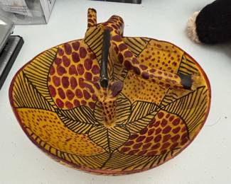 HandCarved Wooden Giraffe Drinking Bowl