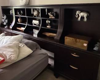 Dark Wood Headboard with Integrated Shelving and Drawers