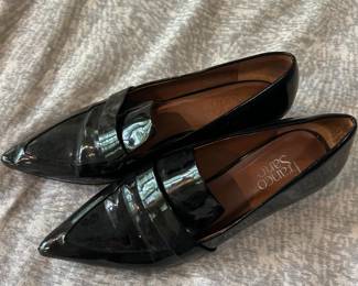 Franco Sarto Black Patent Leather Pointed Toe Loafers with Decorative Strap