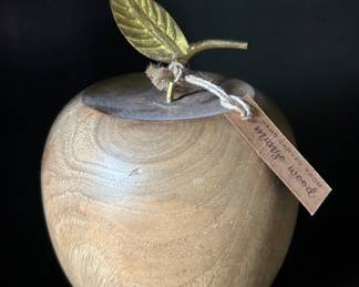 Hand Carved Mango Wood Apple Decorative Object with Brass Leaf