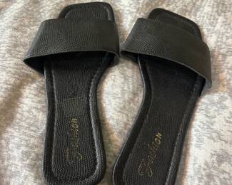 Black Embossed Leather Slide Sandals