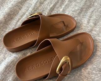 Aerosoles Lloyd Brown Faux Leather Thong Sandals with Gold Buckle