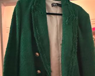 ZARA Green Textured DoubleBreasted Blazer with Frayed Trim