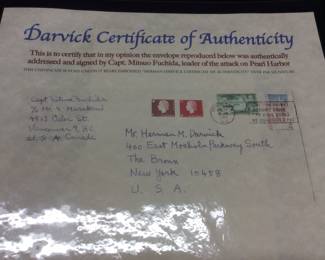 WW2 JAPANESE IMPERIAL NAVY COMMANDER CAPTAIN MITSUO FUCHIDA WHO LED THE FIRST WAVE OF THE AIR ATTACK ON PEARL HARBOR DECEMBER 7, 1941. FAMOUSLY BROADCASTED CODE WORDS TORA! TORA! TORA! TO SIGNAL TOTAL TACTICAL SURPRISE. SIGNED ENVELOPE FROM 1965 from VANCOUVER, BRITISH COLUMBIA. COA FROM HERMAN DARVICK AUTOGRAPH EXPERT FROM THE BOOGIE DOWN BRONX, NEW YORK