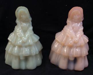 (2) BOYD ART GLASS COLONIAL LADY SLAG GLASS FIGURINES, 4in
