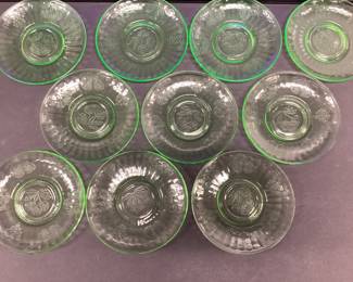 10 Green Uranium Hazel Atlas Fruits Pattern Sherbet Saucers