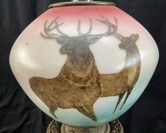 ANTIQUE ELK SCENES, VICTORIAN G.W.T.W. STYLE OIL PARLOR LAMP, HAND PAINTED, 27.5in H, 3-PIECES, BURNER MARKED THE WALLINGFORD *GONE WITH THE WIND NO SHIPPING PICKUP ONLY