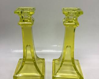 Vintage Yellow Vaseline Uranium glass candlesticks 7.5 " tall