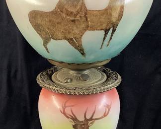 ANTIQUE ELK SCENES, VICTORIAN G.W.T.W. STYLE OIL PARLOR LAMP, HAND PAINTED, 27.5in H, 3-PIECES, BURNER MARKED THE WALLINGFORD *GONE WITH THE WIND NO SHIPPING PICKUP ONLY