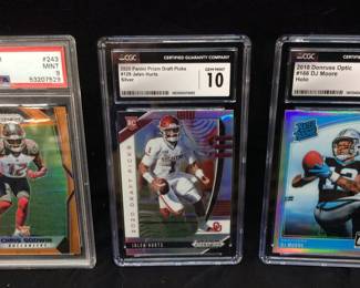 (3) 2020 PANINI PRIZM JALEN HURTS #129 GEM MINT 10, 2018 DONRUSS DJ MOORE #166 GEM MINT 10 & 2017 PANINI PRIZM CHRIS GODWIN #243 MINT 9 FOOTBALL CARDS