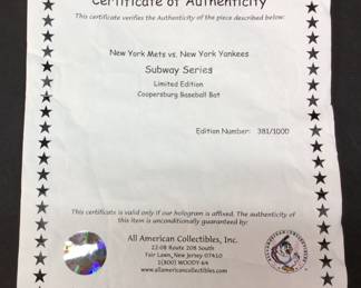 2000-2001 NY YANKEES/ NY METS SUBWAY SERIES LTD. EDITION #381 of 1000 BASEBALL BAT WITH CLEAR CASE AND CERTIFICATE OF AUTHENTICITY, LOUISVILLE SLUGGER 34in