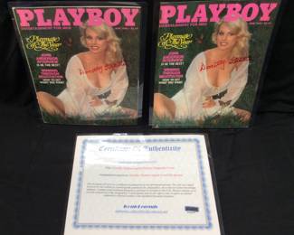 (2) DOROTHY STRATTON 1980 PLAYBOY MAGAZINE COVERS AUTOGRAPHED. MANY OF THESE ITEMS WERE FEATURED IN 2006 AUTOGRAPH COLLECTOR MAGAZINE REFERENCE PICTURES. COLLECTION OF TIM METCALF. THE PICTURE OF THE MAGAZINE ARTICLE IS NOT INCLUDED IN LOT. ONLY FOR INFORMATION. COMES WITH CERTIFICATE OF AUTHENTICITY