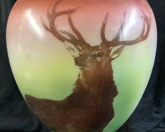 ANTIQUE ELK SCENES, VICTORIAN G.W.T.W. STYLE OIL PARLOR LAMP, HAND PAINTED, 27.5in H, 3-PIECES, BURNER MARKED THE WALLINGFORD *GONE WITH THE WIND NO SHIPPING PICKUP ONLY