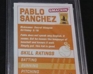 2025 GEM MINT 10 BACKYARD X SMACKIN PABLO SANCHEZ ULTRA RARE EXTREMELY LIMITED EDITION BACKYARD SPORTS AND SMACKIN SUNFLOWER SEEDS MLB CARD, PABLO SANCHEZ SECRET WEAPON, REFRACTING, GRADED GEM MINT 10 by PSA