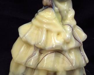 BOYD CADMIUM GLASS LOUISE COLONIAL LADY FIGURINE, 4in, REACTIVE UNDER BLUE LIGHT