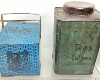 (2) TIGER BRIGHT SWEET CHEWING TOBACCO TIN LUNCH PAIL & ANTIQUE THE GREAT ATLANTIC & PACIFIC TEA CO TIN