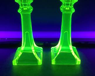 Vintage Yellow Vaseline Uranium glass candlesticks 7.5 " tall