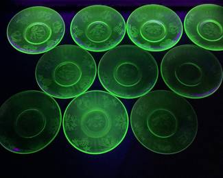 10 Green Uranium Hazel Atlas Fruits Pattern Sherbet Saucers