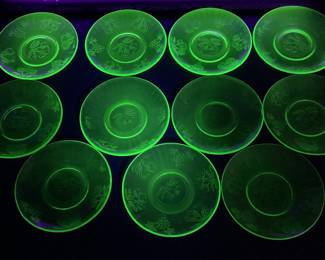 10 Green Uranium Hazel Atlas Fruits Pattern Sherbet Saucers