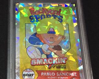 2025 GEM MINT 10 BACKYARD X SMACKIN PABLO SANCHEZ ULTRA RARE EXTREMELY LIMITED EDITION BACKYARD SPORTS AND SMACKIN SUNFLOWER SEEDS MLB CARD, PABLO SANCHEZ SECRET WEAPON, REFRACTING, GRADED GEM MINT 10 by PSA