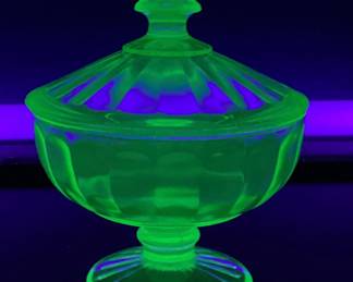Hazel Atlas Ribbon green uranium lidded candy dish and a divided relish dish