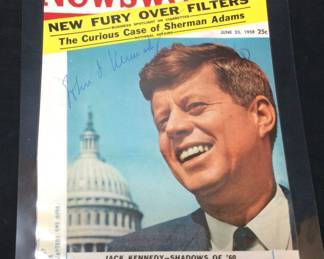 1958 NEWSWEEK MAGAZINE COVER JOHN F KENNEDY AUTOGRAPH MANY OF THESE ITEMS WERE FEATURED IN 2006 AUTOGRAPH COLLECTOR MAGAZINE REFERENCE PICTURES. COLLECTION OF TIM METCALF. THE PICTURE OF THE MAGAZINE ARTICLE IS NOT INCLUDED IN LOT. ONLY FOR INFORMATION. NO CERTIFICATION