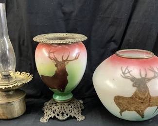 ANTIQUE ELK SCENES, VICTORIAN G.W.T.W. STYLE OIL PARLOR LAMP, HAND PAINTED, 27.5in H, 3-PIECES, BURNER MARKED THE WALLINGFORD *GONE WITH THE WIND NO SHIPPING PICKUP ONLY