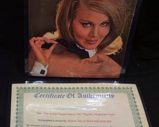 1967 PLAYBOY COVER SHARON TATE AUTOGRAPHED HOLLYWOOD ACTRESS INVOLVED IN CHARLEY MANSON CRIMES. MANY OF THESE ITEMS WERE FEATURED IN 2006 AUTOGRAPH COLLECTOR MAGAZINE REFERENCE PICTURES. COLLECTION OF TIM METCALF. THE PICTURE OF THE MAGAZINE ARTICLE IS NOT INCLUDED IN LOT. ONLY FOR INFORMATION. CERTIFICATE OF AUTHENTICITY INCLUDED
