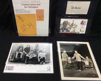 (4) EAGLES AUTOGRAPHED POST ITS WITH PHOTO, FRANKIE LYMON AND THE TEENAGERS AUTOGRAPHED PHOTO, DR.SEUSS STAMP ON ENVELOPE AND SILENT FILM STAR CHARLIE CHAPMAN AUTOGRAPHED PHOTO. THERE ARE NO COAs WITH THIS LOT, JOE WALSH, GLEN FREY, DON HENLEY, TIMOTHY SCHMIT