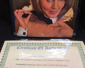 1967 PLAYBOY COVER SHARON TATE AUTOGRAPHED HOLLYWOOD ACTRESS INVOLVED IN CHARLEY MANSON CRIMES. MANY OF THESE ITEMS WERE FEATURED IN 2006 AUTOGRAPH COLLECTOR MAGAZINE REFERENCE PICTURES. COLLECTION OF TIM METCALF. THE PICTURE OF THE MAGAZINE ARTICLE IS NOT INCLUDED IN LOT. ONLY FOR INFORMATION. CERTIFICATE OF AUTHENTICITY INCLUDED