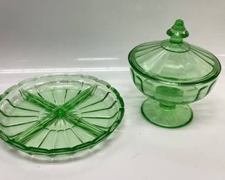 Hazel Atlas Ribbon green uranium lidded candy dish and a divided relish dish