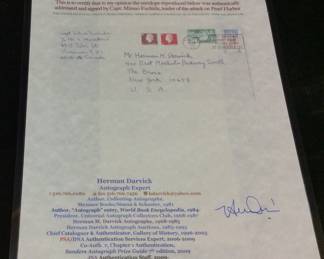 WW2 JAPANESE IMPERIAL NAVY COMMANDER CAPTAIN MITSUO FUCHIDA WHO LED THE FIRST WAVE OF THE AIR ATTACK ON PEARL HARBOR DECEMBER 7, 1941. FAMOUSLY BROADCASTED CODE WORDS TORA! TORA! TORA! TO SIGNAL TOTAL TACTICAL SURPRISE. SIGNED ENVELOPE FROM 1965 from VANCOUVER, BRITISH COLUMBIA. COA FROM HERMAN DARVICK AUTOGRAPH EXPERT FROM THE BOOGIE DOWN BRONX, NEW YORK