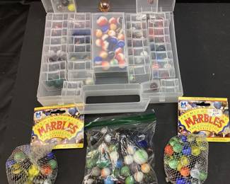 ASSORTED GLASS MARBLE COLLECTION, 2 UNOPENED MEGA MARBLES ‘COLLECTOR SERIES’ NET BAGS, WITH ORGANIZER BOX