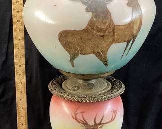 ANTIQUE ELK SCENES, VICTORIAN G.W.T.W. STYLE OIL PARLOR LAMP, HAND PAINTED, 27.5in H, 3-PIECES, BURNER MARKED THE WALLINGFORD *GONE WITH THE WIND NO SHIPPING PICKUP ONLY
