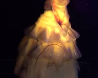 BOYD CADMIUM GLASS LOUISE COLONIAL LADY FIGURINE, 4in, REACTIVE UNDER BLUE LIGHT