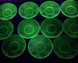 11 Green Uranium Hazel Atlas Fruits Pattern Sherbet Saucers
