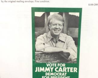 39th PRESIDENT JIMMY CARTER AUTOGRAPHED 1976 V VOTE FOR JIMMY CARTER FOR PRESIDENT ADVERTISING CAMPAIGN FLYER. MANY OF THESE ITEMS WERE FEATURED IN 2006 AUTOGRAPH COLLECTOR MAGAZINE REFERENCE PICTURES. COLLECTION OF TIM METCALF. THE PICTURE OF THE MAGAZINE ARTICLE IS NOT INCLUDED IN LOT. ONLY FOR INFORMATION. NO COA